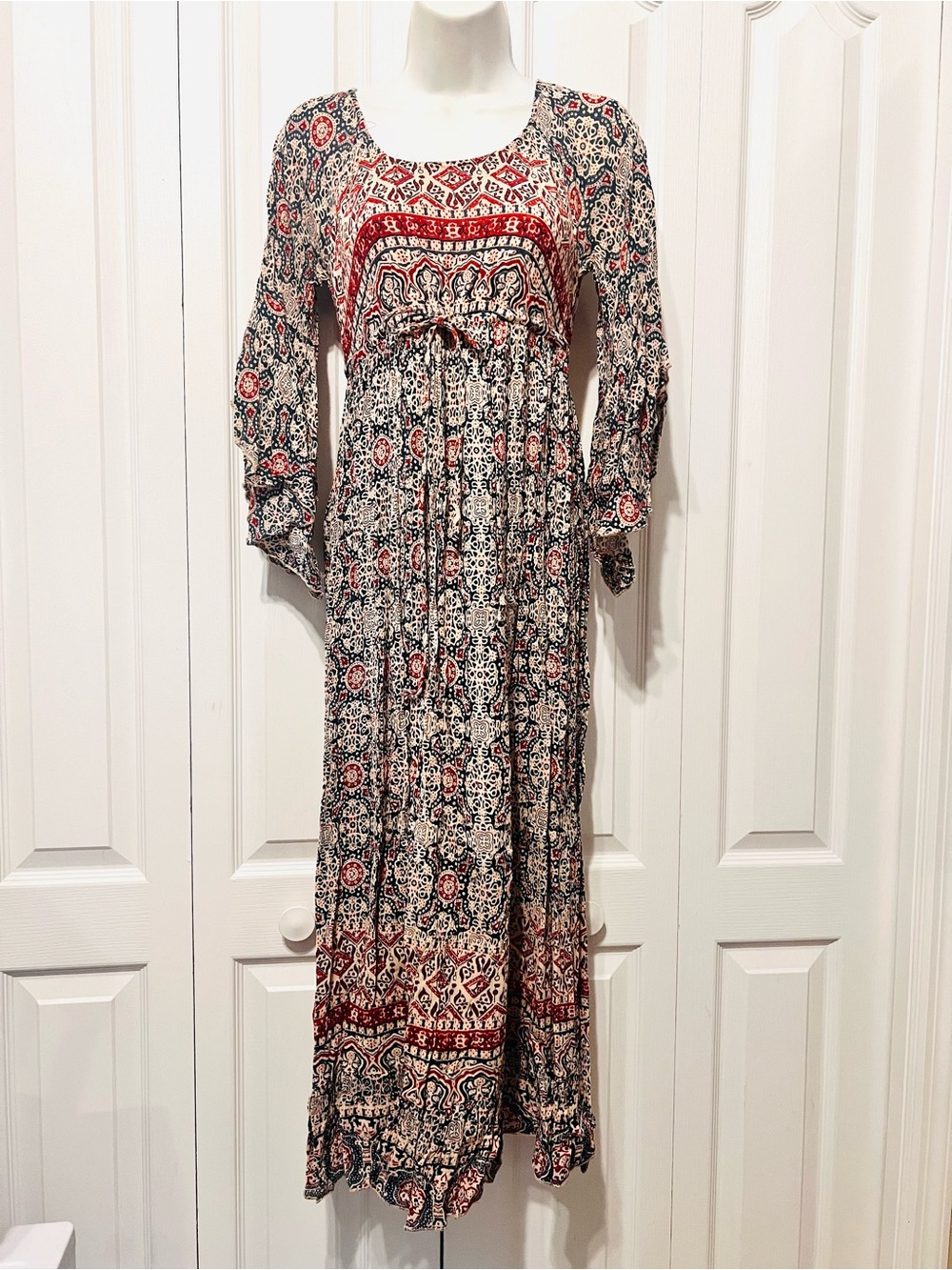 J.Gee Bell Sleeve Bohemian Red & Navy Printed Maxi Dress